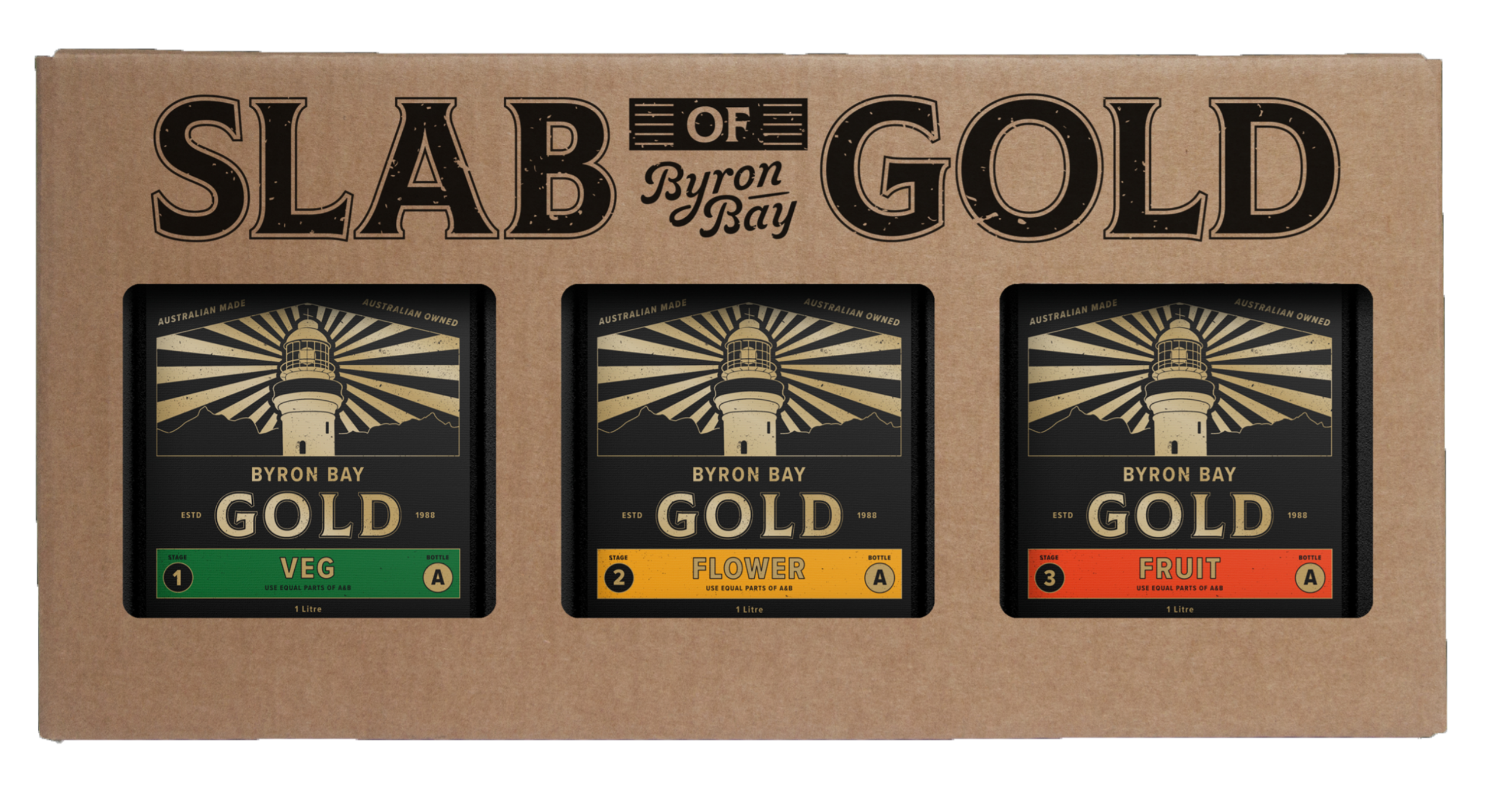 BYRON BAY GOLD "SLAB OF GOLD" 3 X ONE LITRE A + B SETS